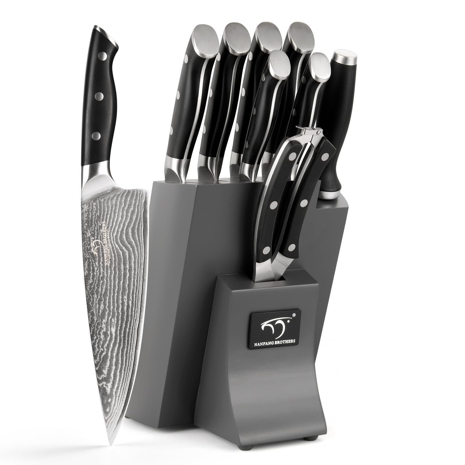Damascus Steel Kitchen Knife Set with Block – 9 Pieces