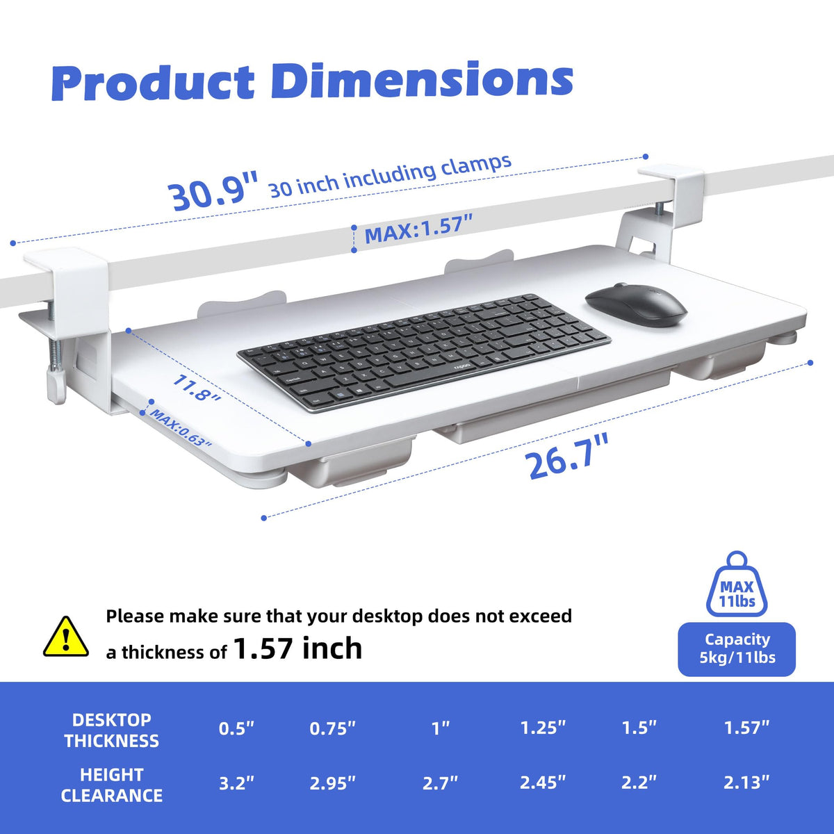 Keyboard Tray Under Desk with Drawer,26.77" X 11.81"Large Size Keyboard Tray with C Clamp-on Mount, Easy to Install, for Home Office White