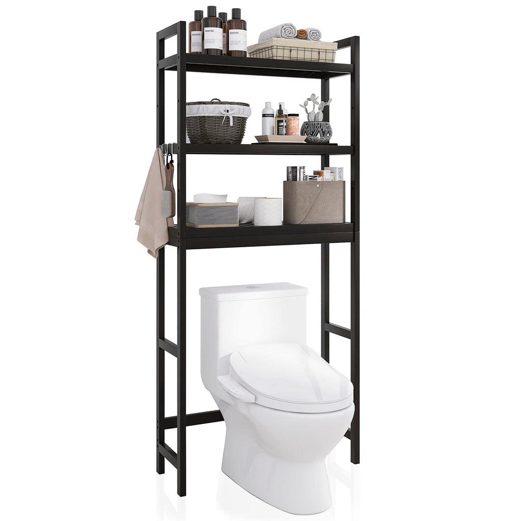SMIBUY Bamboo Over-The-Toilet Storage Rack | 3-Tier Adjustable Shelf - Black