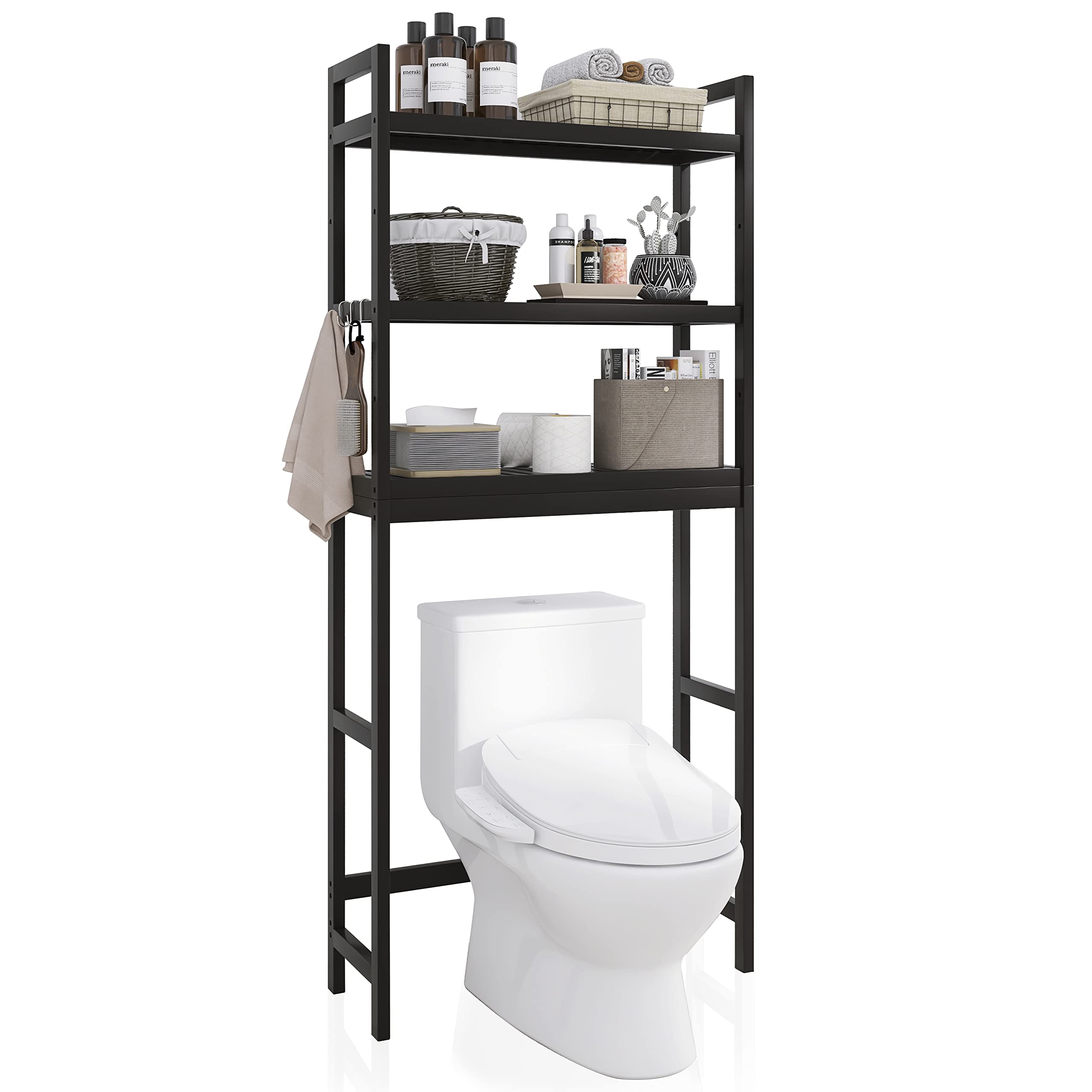 SMIBUY Bamboo Over-The-Toilet Storage Rack | 3-Tier Adjustable Shelf - Black