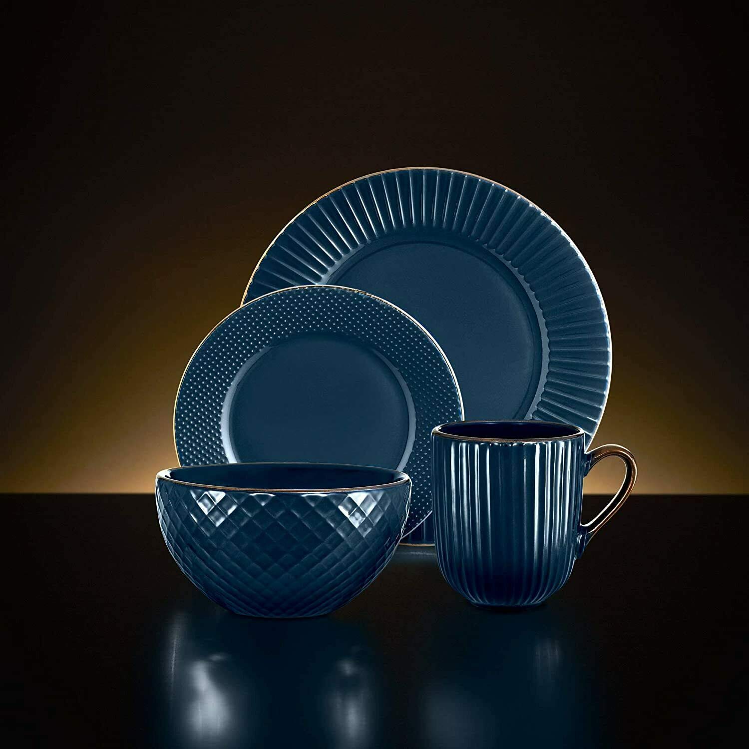 Tower Empire 16 Piece Dinnerware Set | Art Deco Stoneware - Midnight Blue