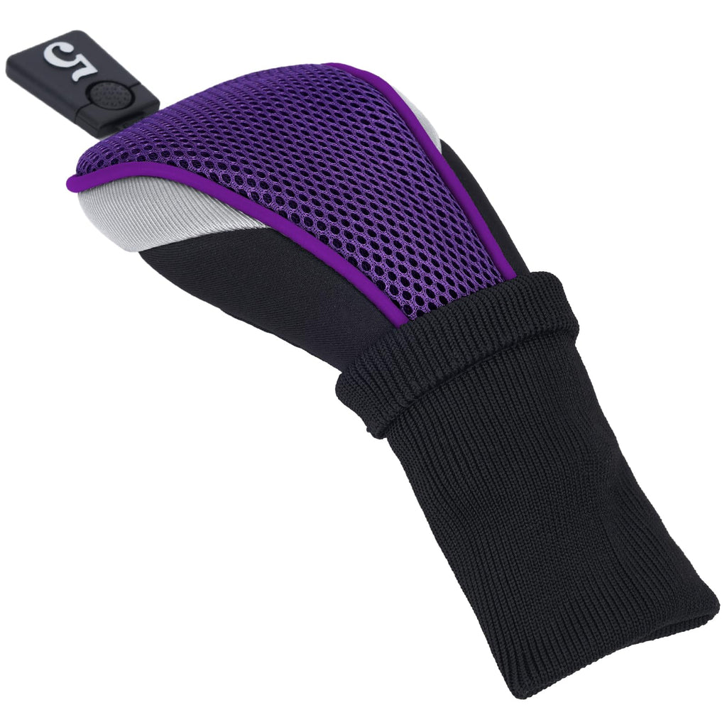 Andux Golf Club Head Covers Set - 6pc Driver Fairway Hybrid - Black/Purple