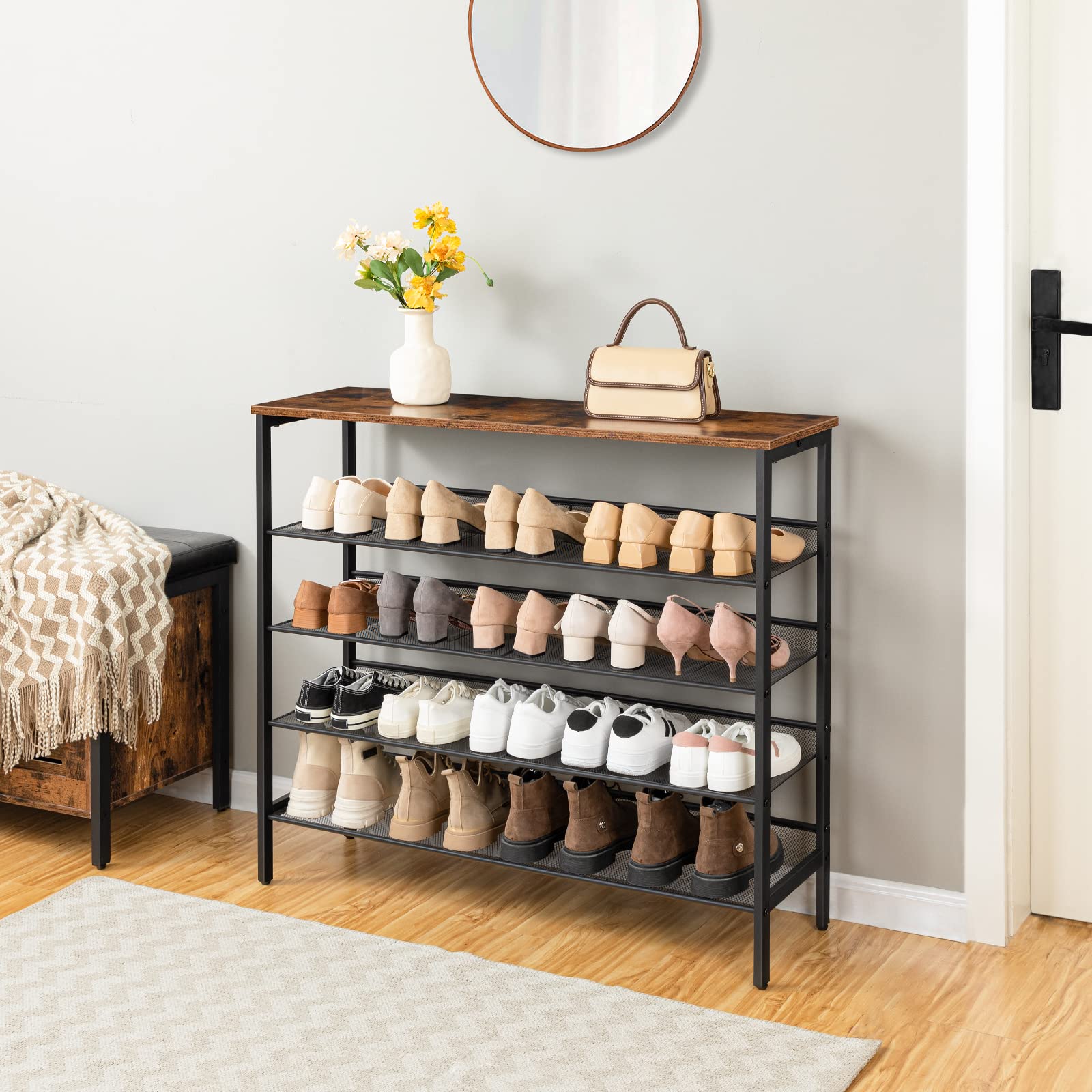 HOOBRO 5-Tier Shoe Rack – Industrial Rustic Brown Metal Organizer