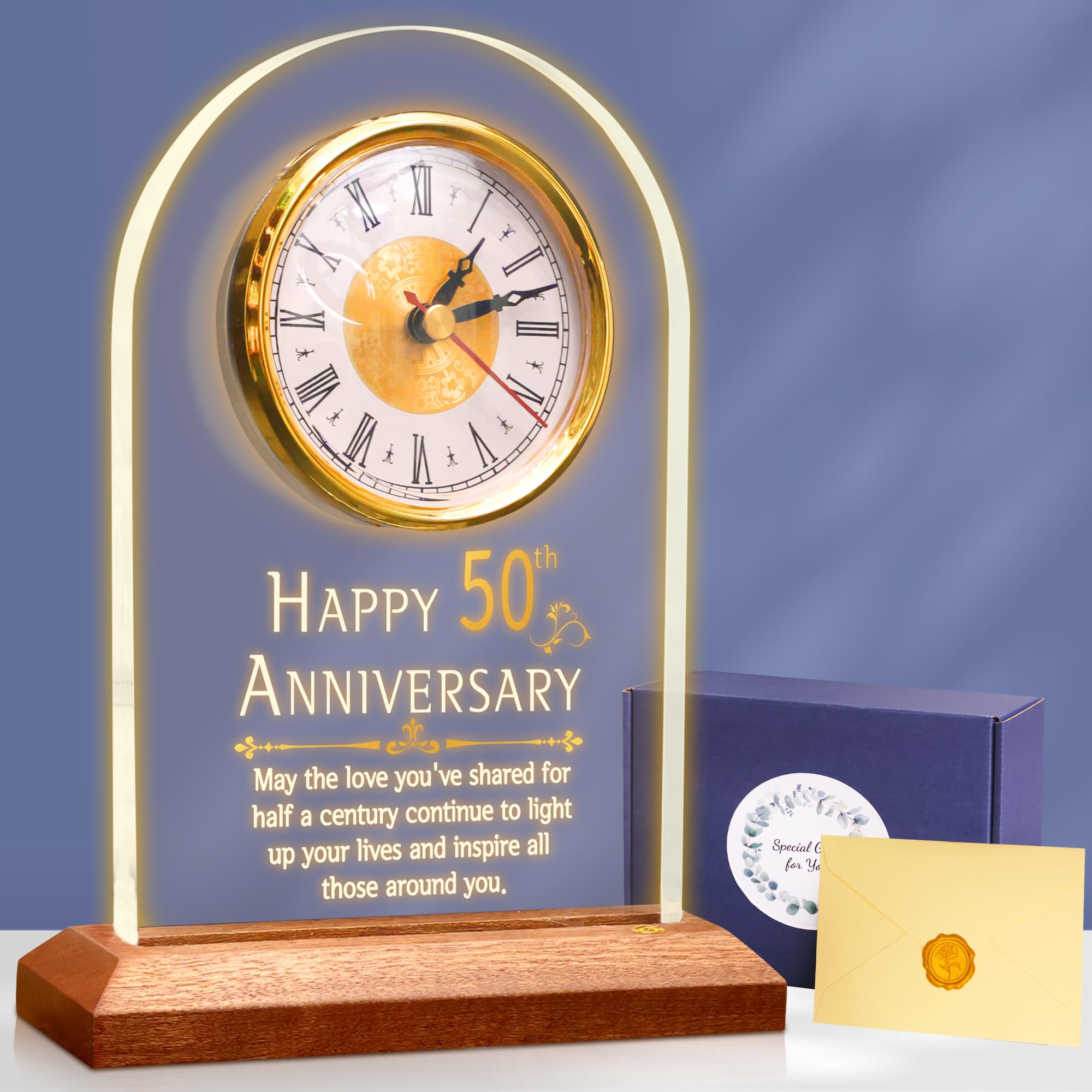OkiyiD 50th Anniversary Quartz Clock | Golden Acrylic Desk Table Gift