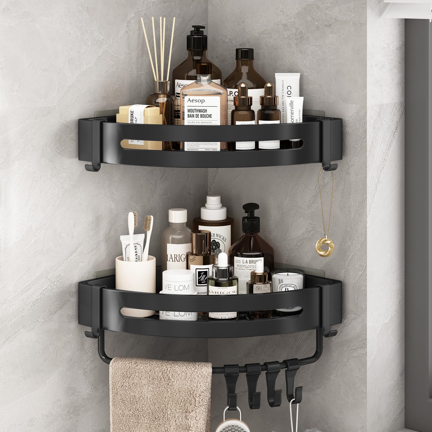 Foxwhale Corner Shower Caddy - 2 Pack Adhesive Aluminum Shelf with Hooks