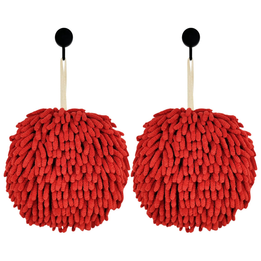 Fuzzy Ball Hand Towels, Set of 2, Chenille Quick Dry, 6.9inch red - image 1