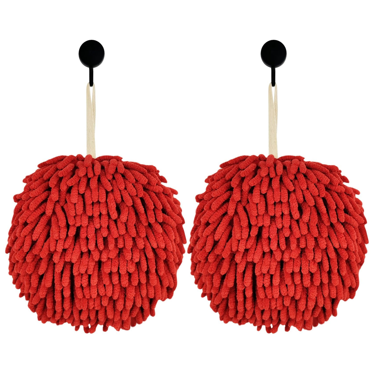 Fuzzy Ball Hand Towels, Set of 2, Chenille Quick Dry, 6.9inch red - image 1
