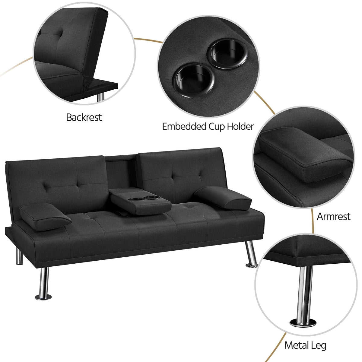 Yaheetech Black 3-in-1 Convertible Sofa Bed with Cup Holder Adjustable Back - image 5