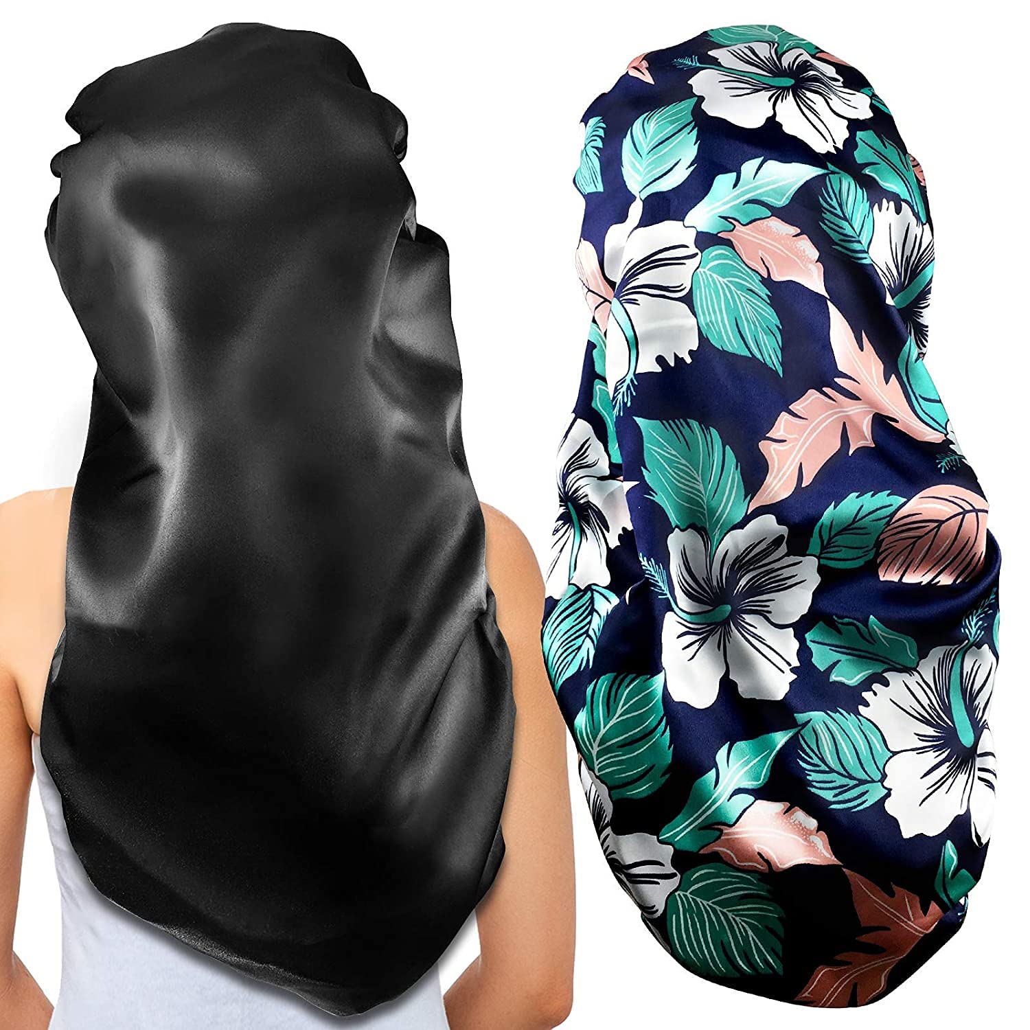 Extra Large Satin Hair Bonnets for Long Hair - 2 Pack (Black/Green)