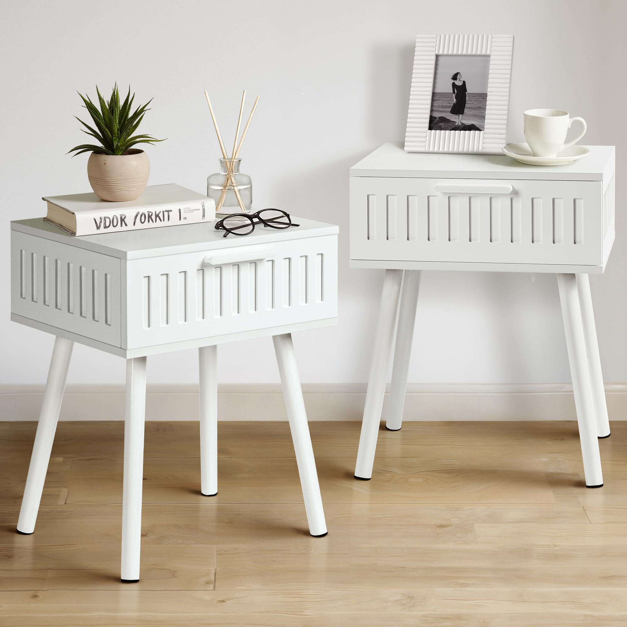 SUMGAR White Bedside Table Set of 2 – Modern Fluted Nightstands