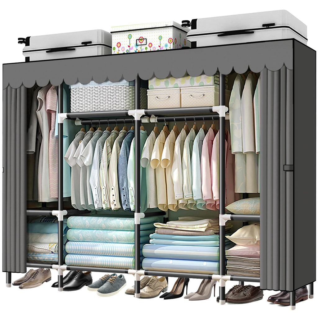 HESMENO Portable Wardrobe – Large Steel Frame Clothes Closet, Grey