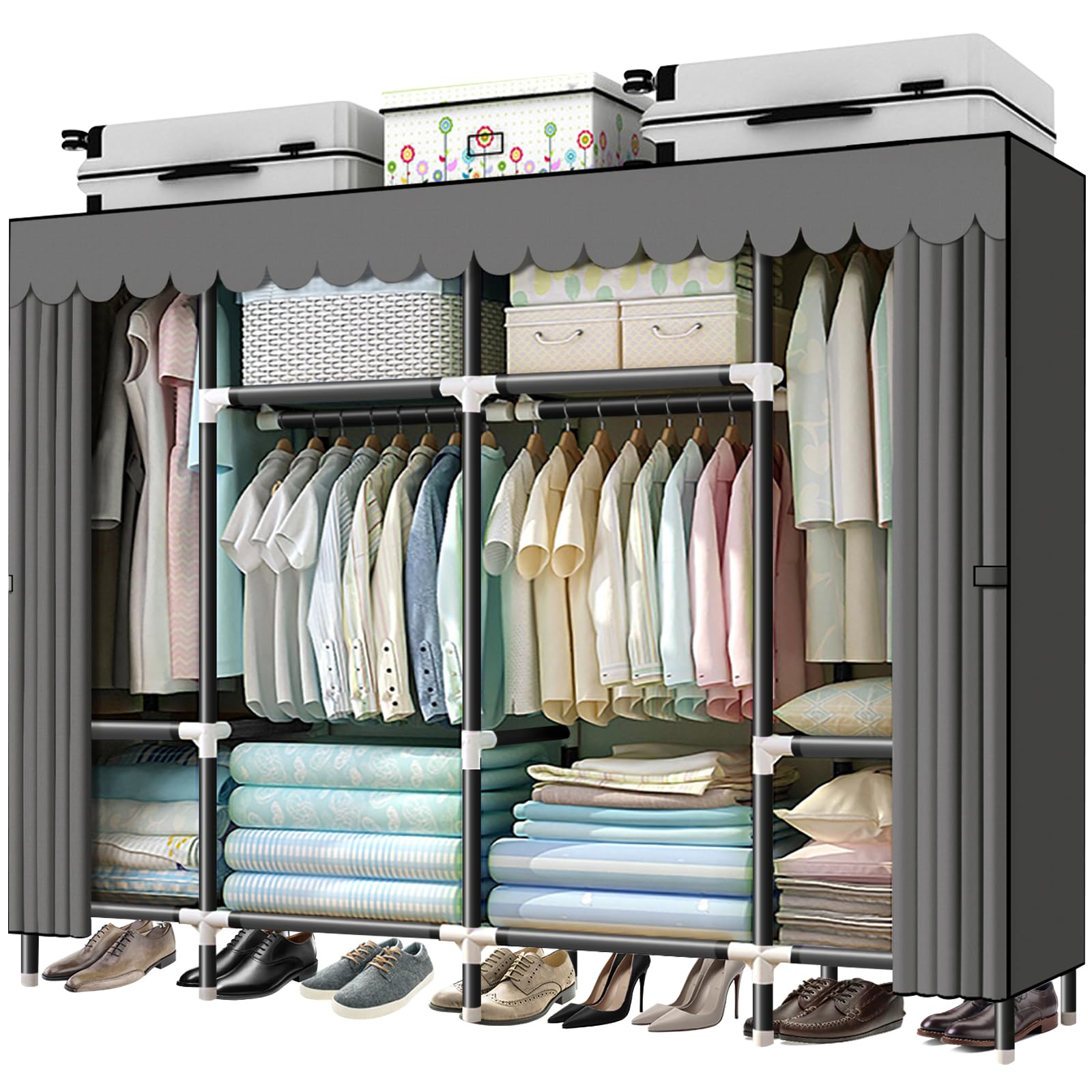 HESMENO Portable Wardrobe – Large Steel Frame Clothes Closet, Grey