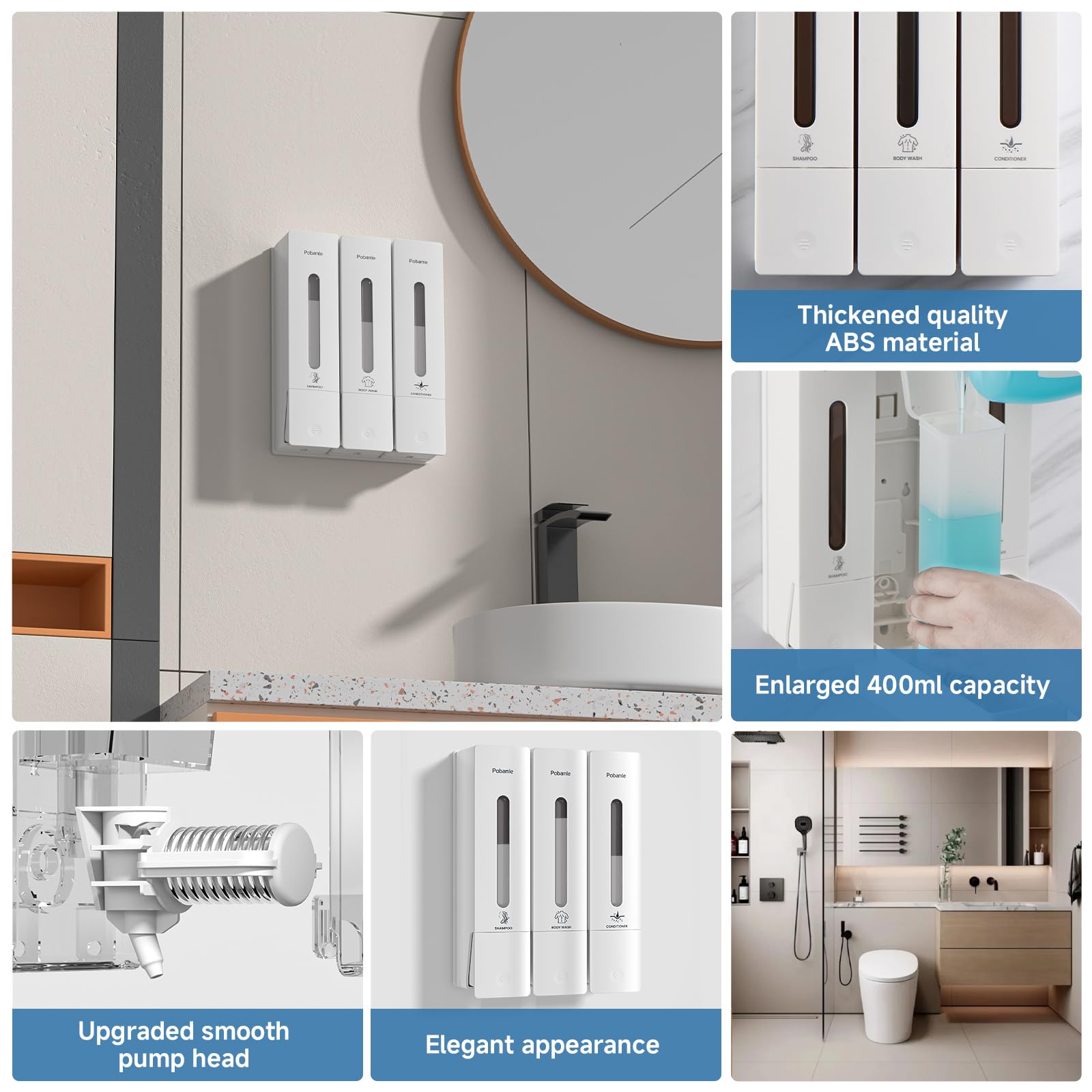 3-Chamber Wall Mounted Shower Soap Dispenser – 400ml White