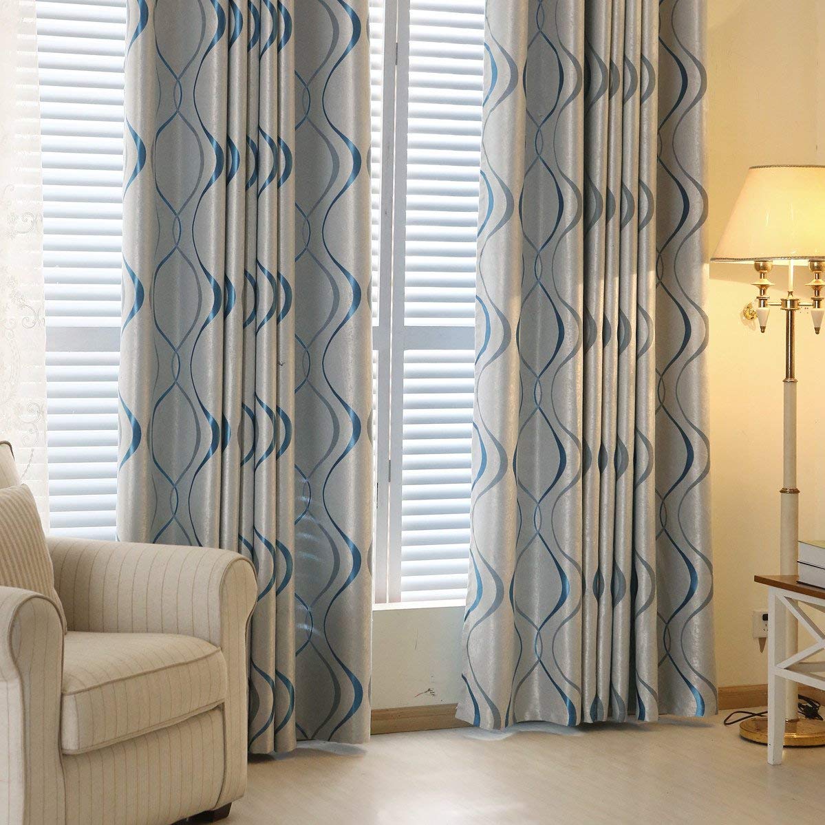 MYRU Striped Eyelet Curtains - Blue 80% Blackout Panels, 66x84 Inch
