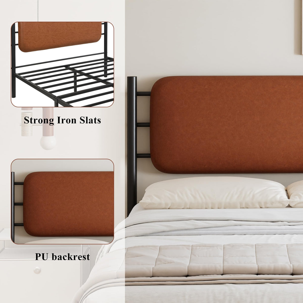 Merax 4ft6 Double Metal Bed with PU Upholstered Headboard – Wrought Iron Frame, 135x190cm, Durable & Sturdy, Comfortable Youth Bed for Teens & Adults - image 4