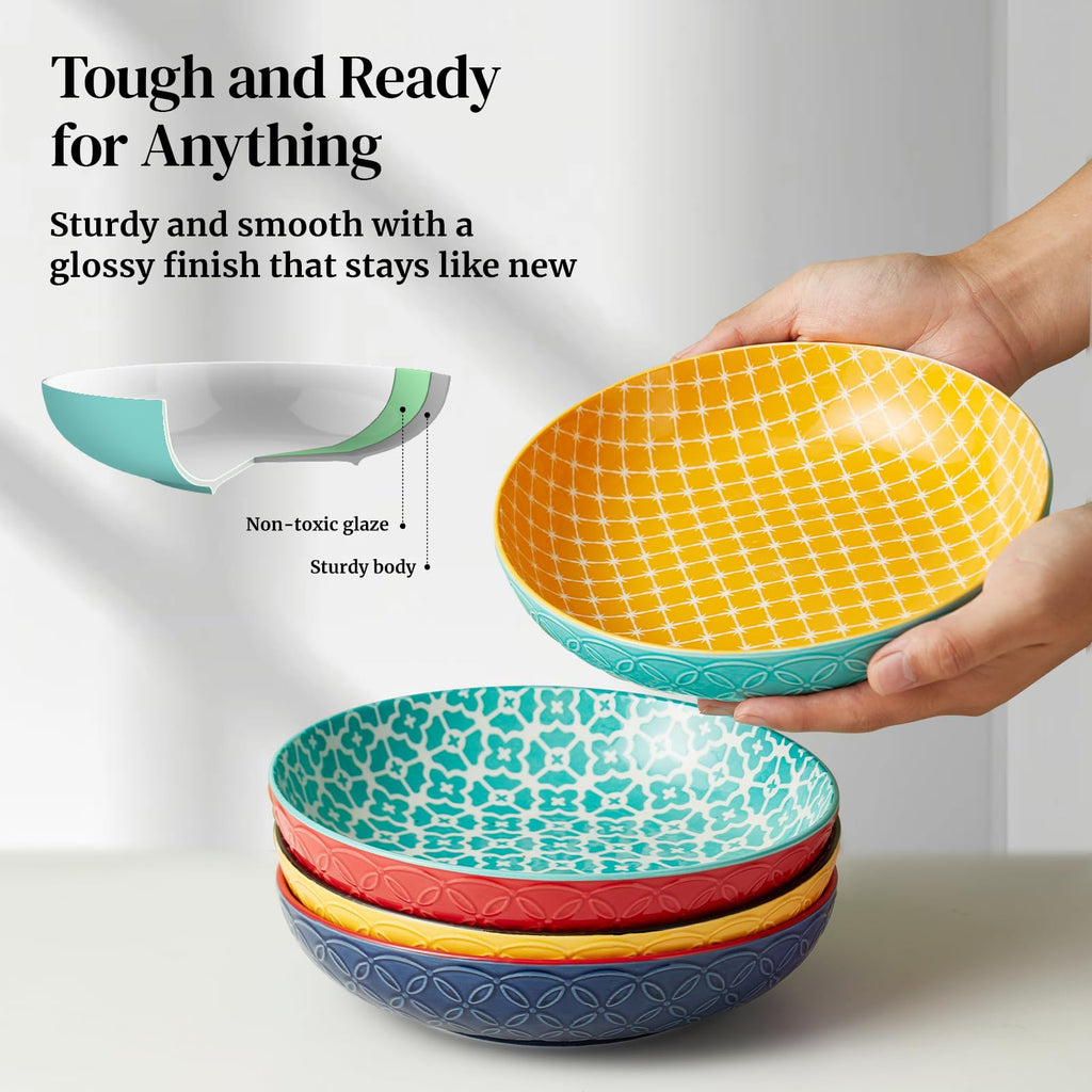 DOWAN Pasta Bowl Set of 4 – 21.5cm Wide Shallow Ceramic Salad Bowls