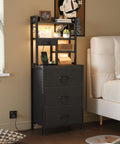 MUTUN Tall Nightstand with Charging Station, LED Lights & 3 Drawers – Black