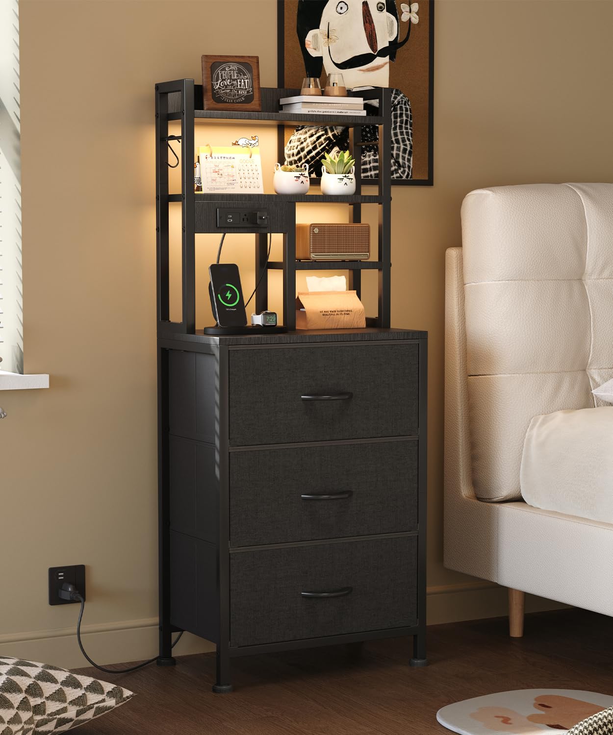 MUTUN Tall Nightstand with Charging Station, LED Lights & 3 Drawers – Black