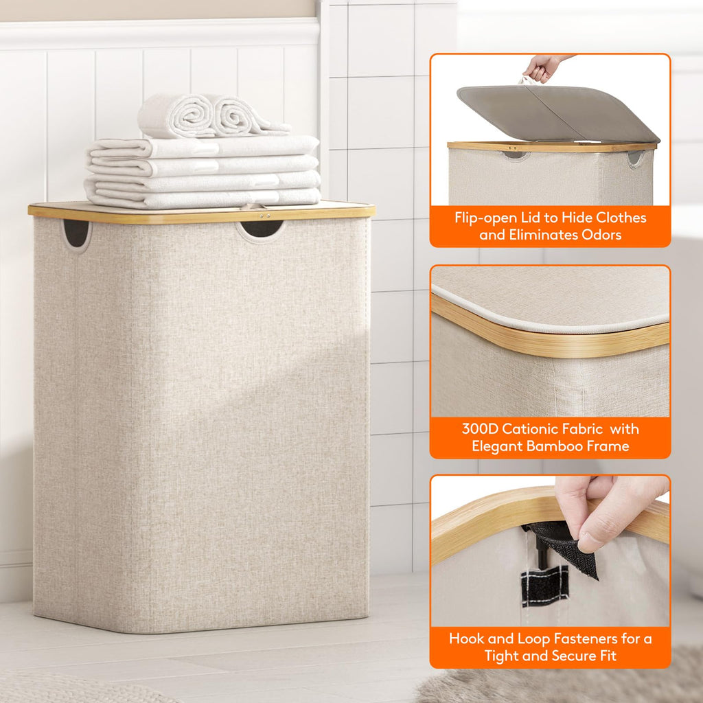 Lifewit 150L Laundry Basket with Lid | 3-Section Hamper with Bamboo Handles