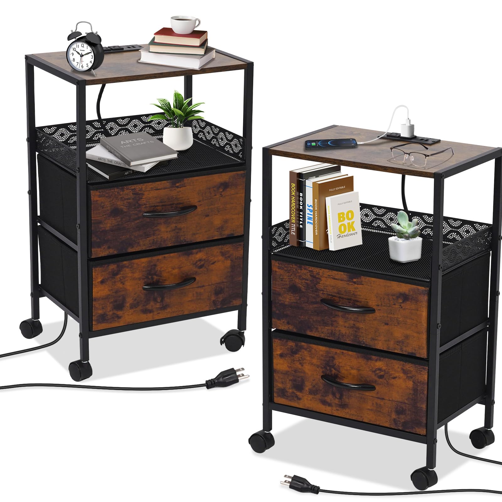 Yosamy Slim Bedside Table Set of 2 with Charging Station - Rustic Brown