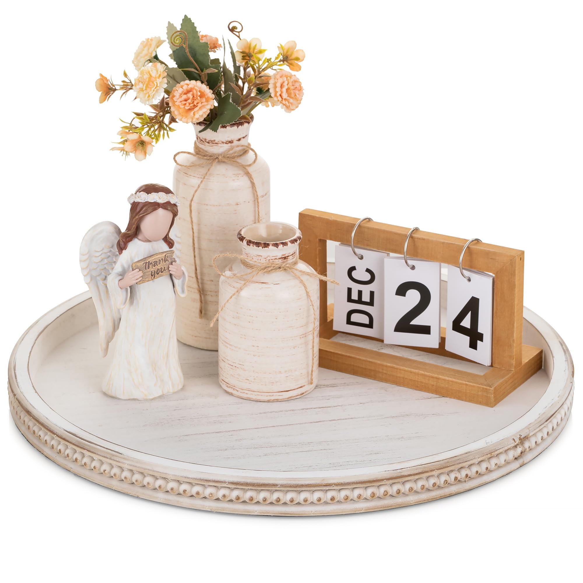 Hanobe 18" Round White Wood Decorative Tray | Beaded Farmhouse Centerpiece