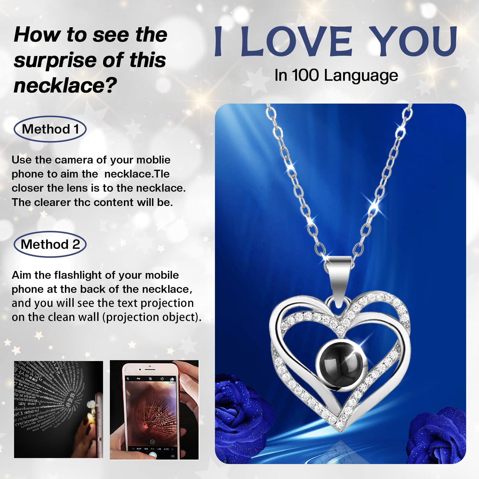 Firestyle Preserved Blue Real Rose with 100 Languages Love Necklace