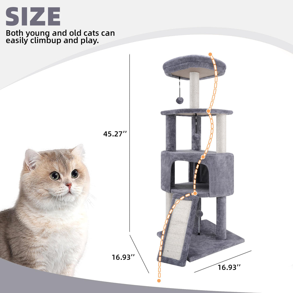TWDEPART 45-Inch Cat Tree Tower with Condo and Scratching Posts – Grey