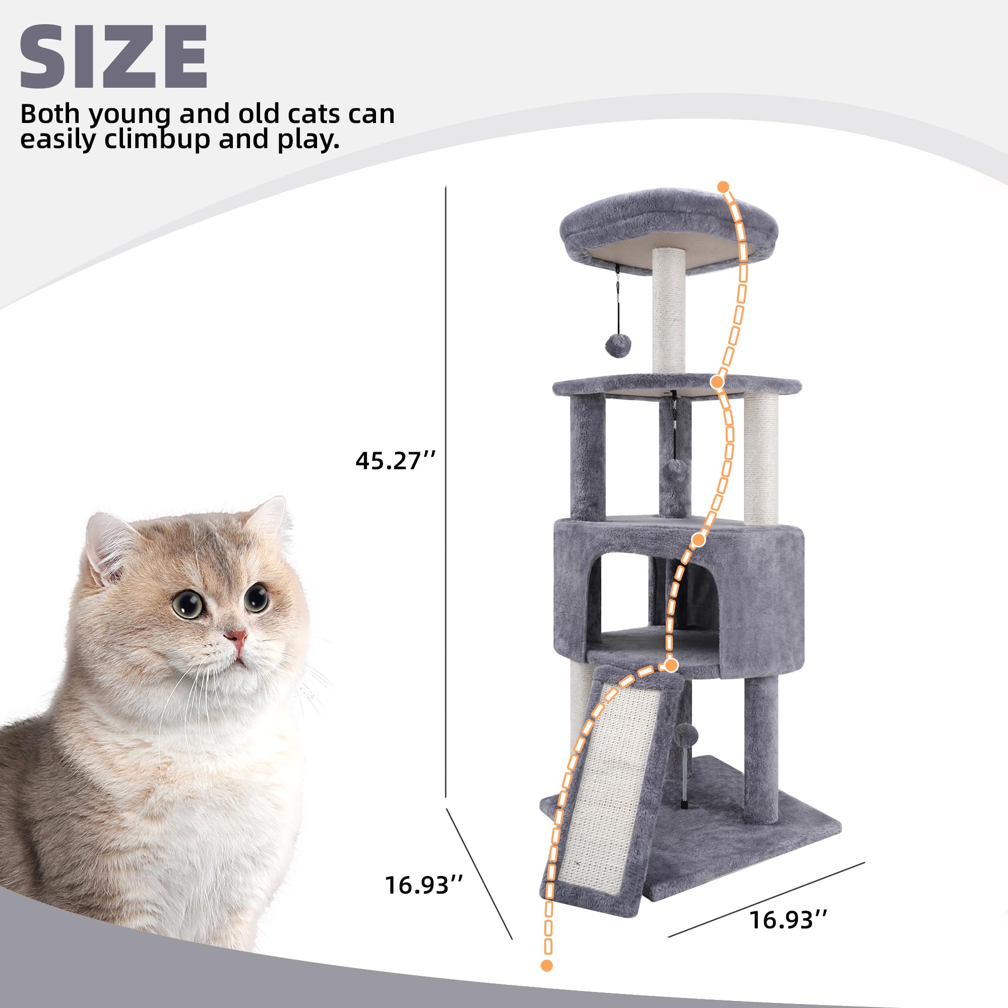 TWDEPART 45-Inch Cat Tree Tower with Condo and Scratching Posts – Grey