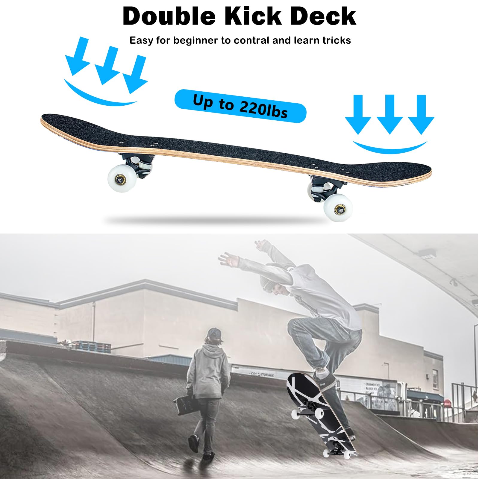 CLYCTIP Complete Skateboard | 31x8 Inch 8-Layer Maple Deck for Beginners