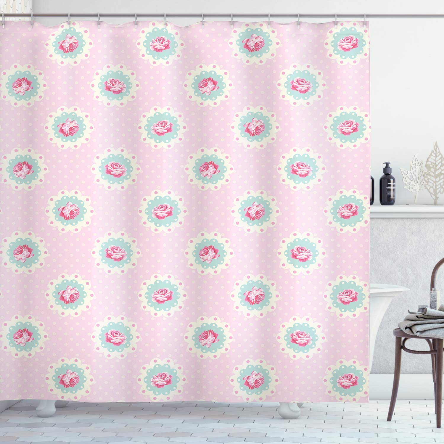 ABAKUHAUS Shabby Flora Fabric Shower Curtain – Retro Floral Bathroom Decor