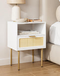 HEYZOEY Rattan Nightstand – Boho Bedside Table with Drawer and Gold Legs