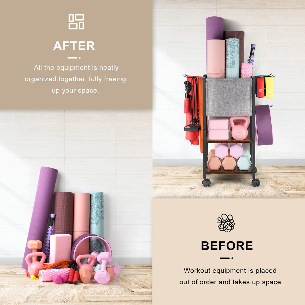 VINAEMO Yoga Mat Storage Rack - Home Gym Organizer with Hooks & Wheels