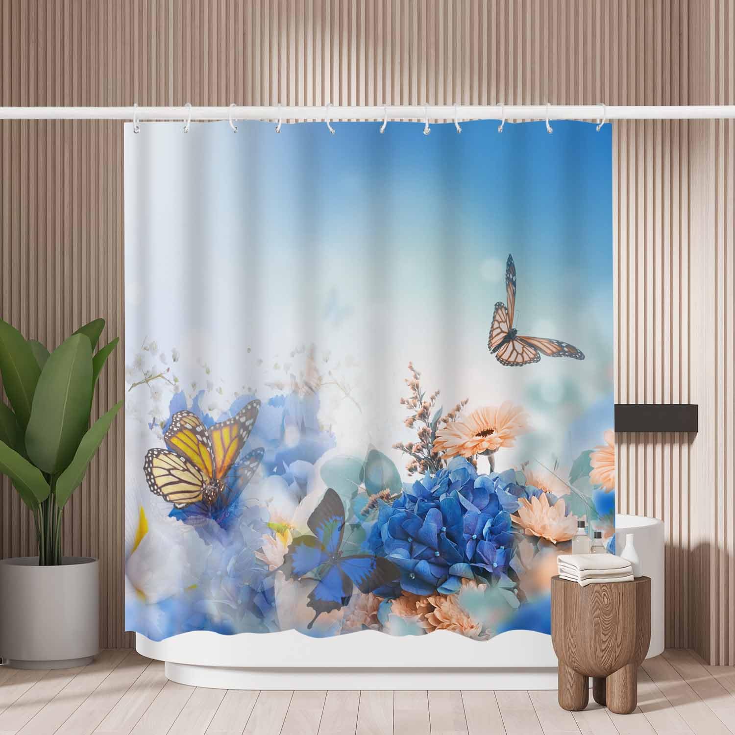 Jolof Store Butterfly & Hydrangea Shower Curtain – Mold Resistant Polyester
