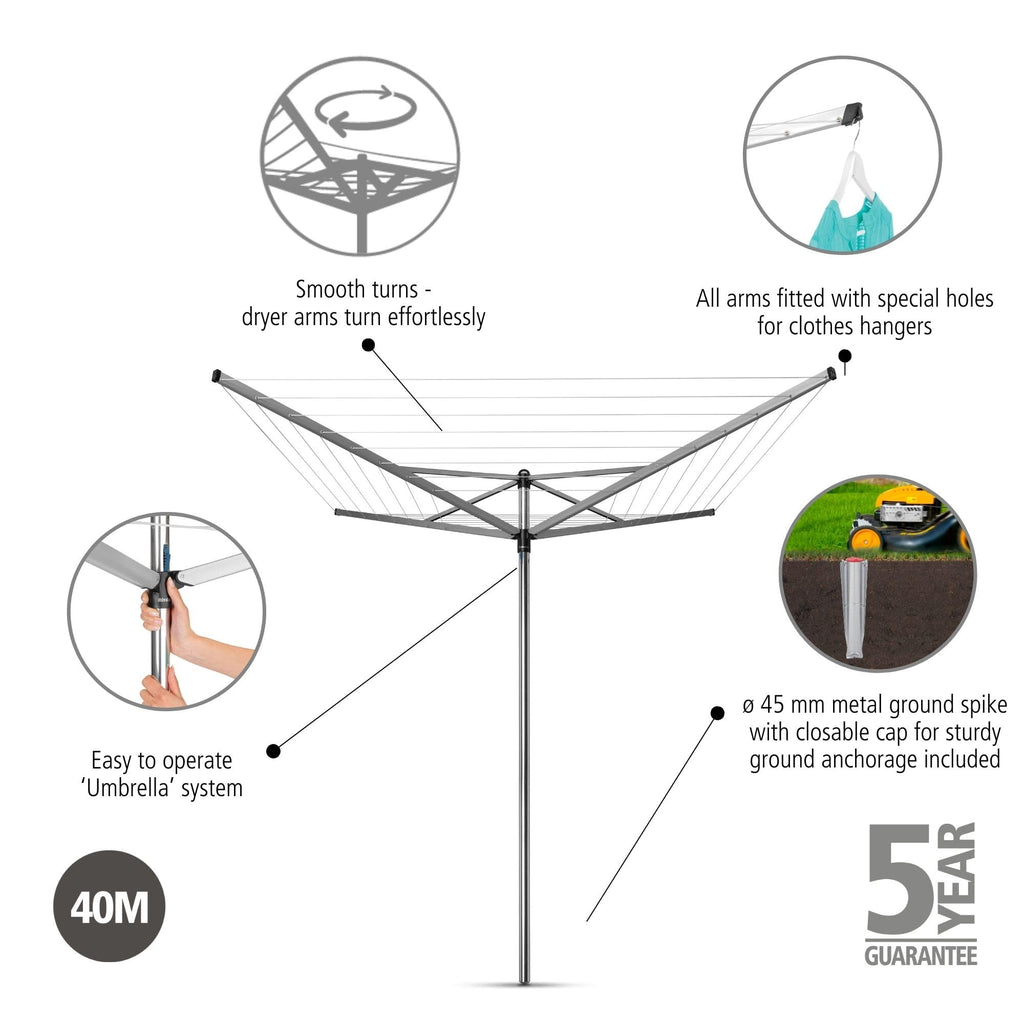 Brabantia Topspinner Rotary Dryer – 40m UV-Resistant Line with Ground Spike