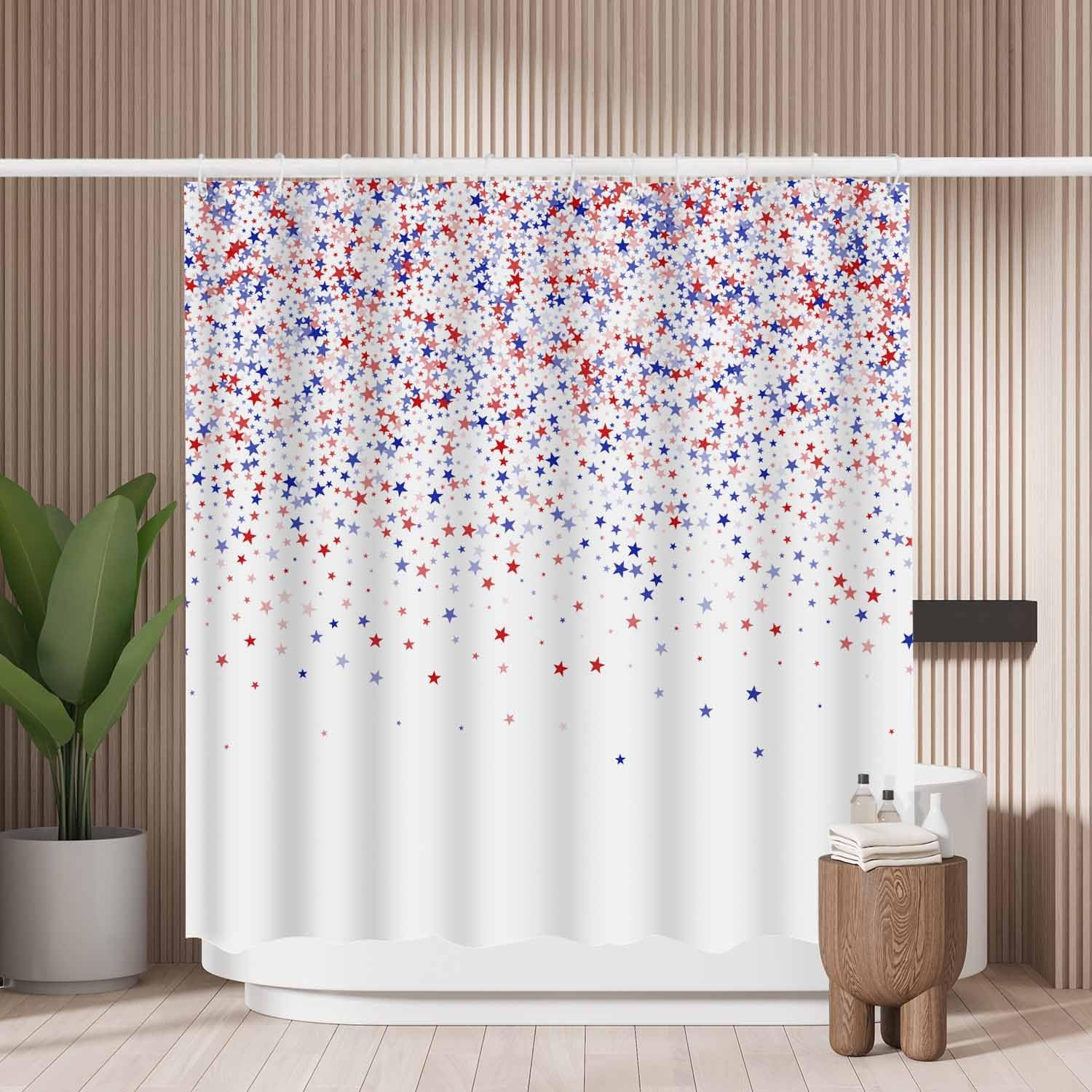 Woutay Blue and Red Stars Shower Curtain | Mold Resistant Polyester