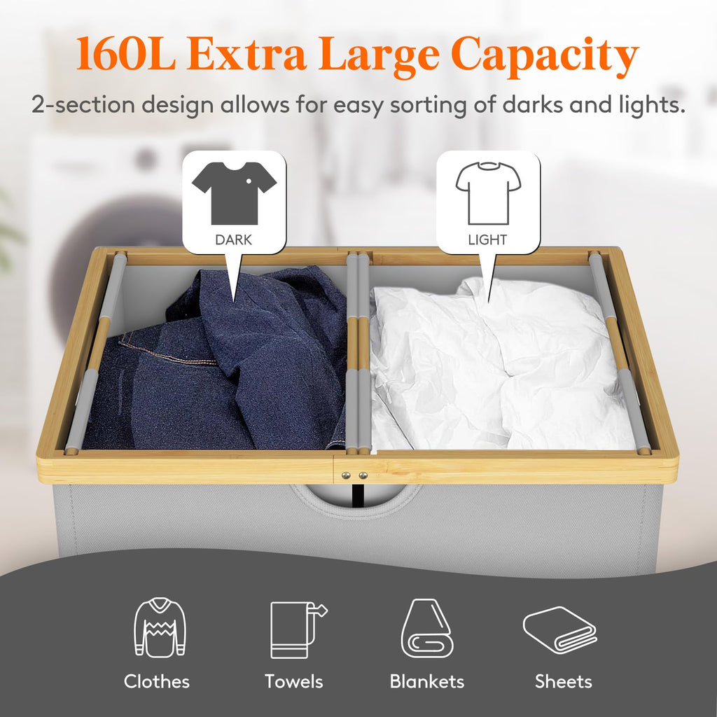 Lifewit 160L Double Laundry Hamper | Extra Large Bamboo Sorting Basket