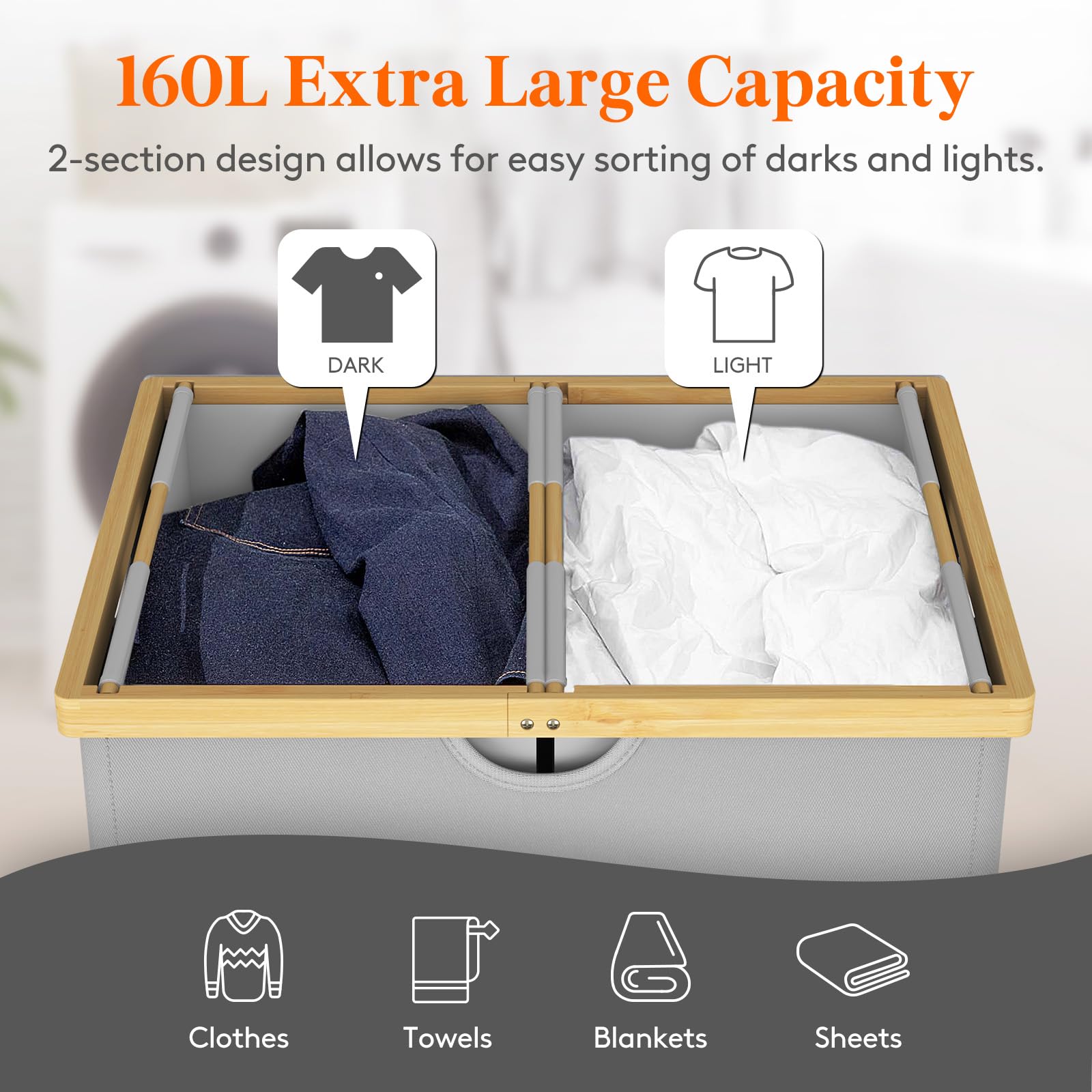 Lifewit 160L Double Laundry Hamper | Extra Large Bamboo Sorting Basket