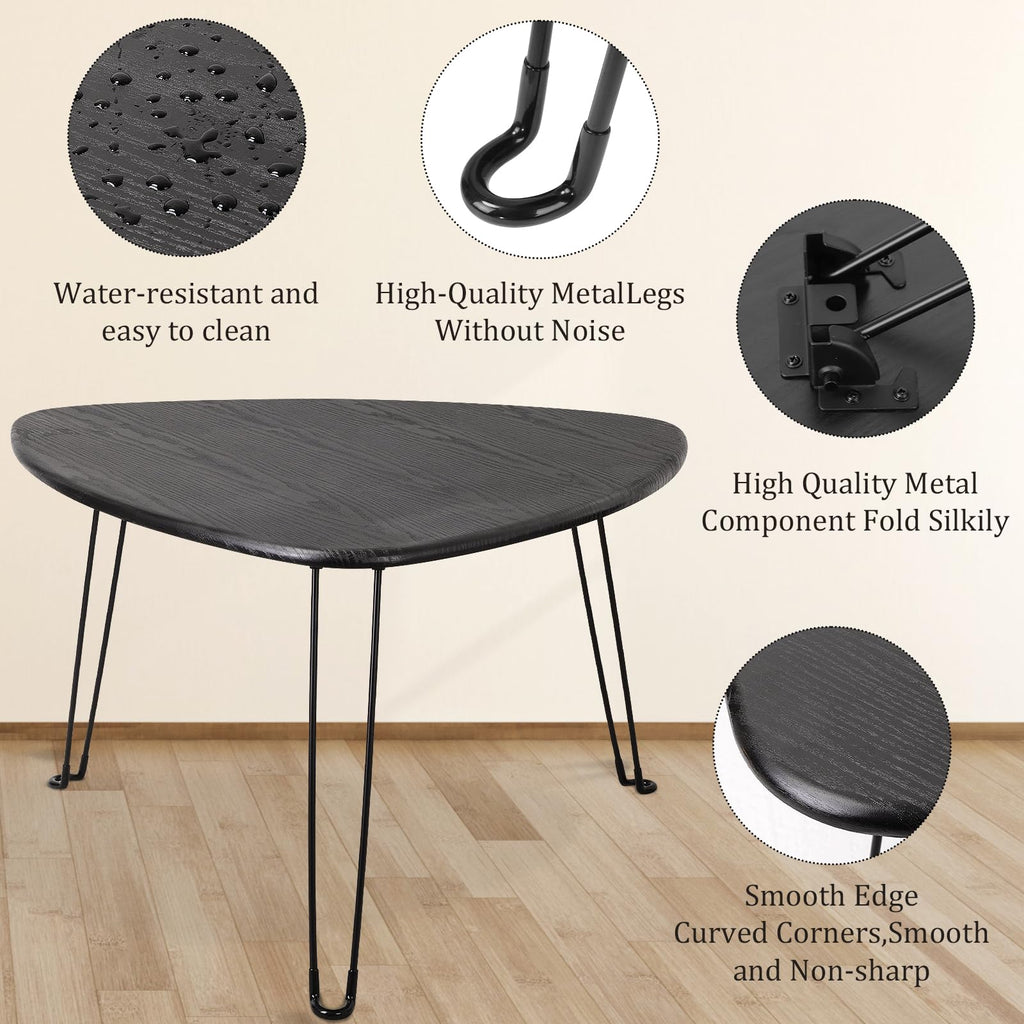 FEUFOAM Black Folding Coffee Table Small Oval Coffee Tables Wooden Triangle Floor Desk for Sitting on the Floor Mid Century Modern Center Sofa Table - image 4