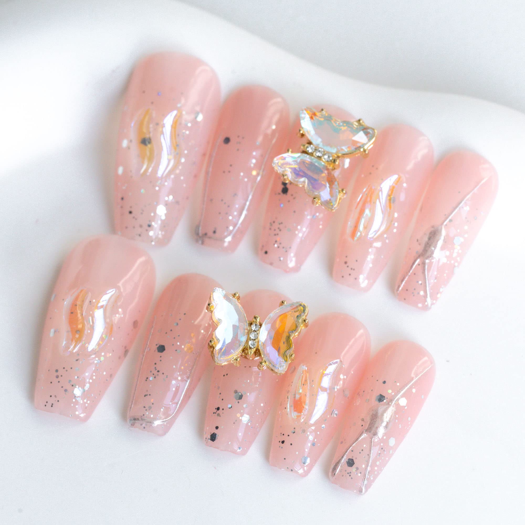 Sun&Beam Nails Handmade Pink Coffin Press On Nails with 3D Butterfly