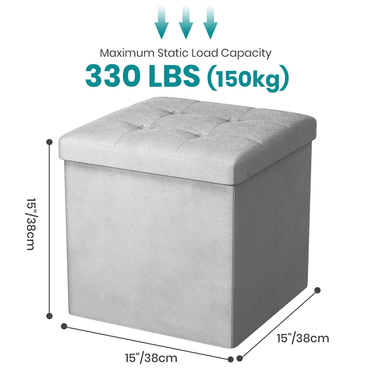 Oak & Tea Storage Ottoman Cube, Foldable Velvet Footstool, Light Grey - image 3
