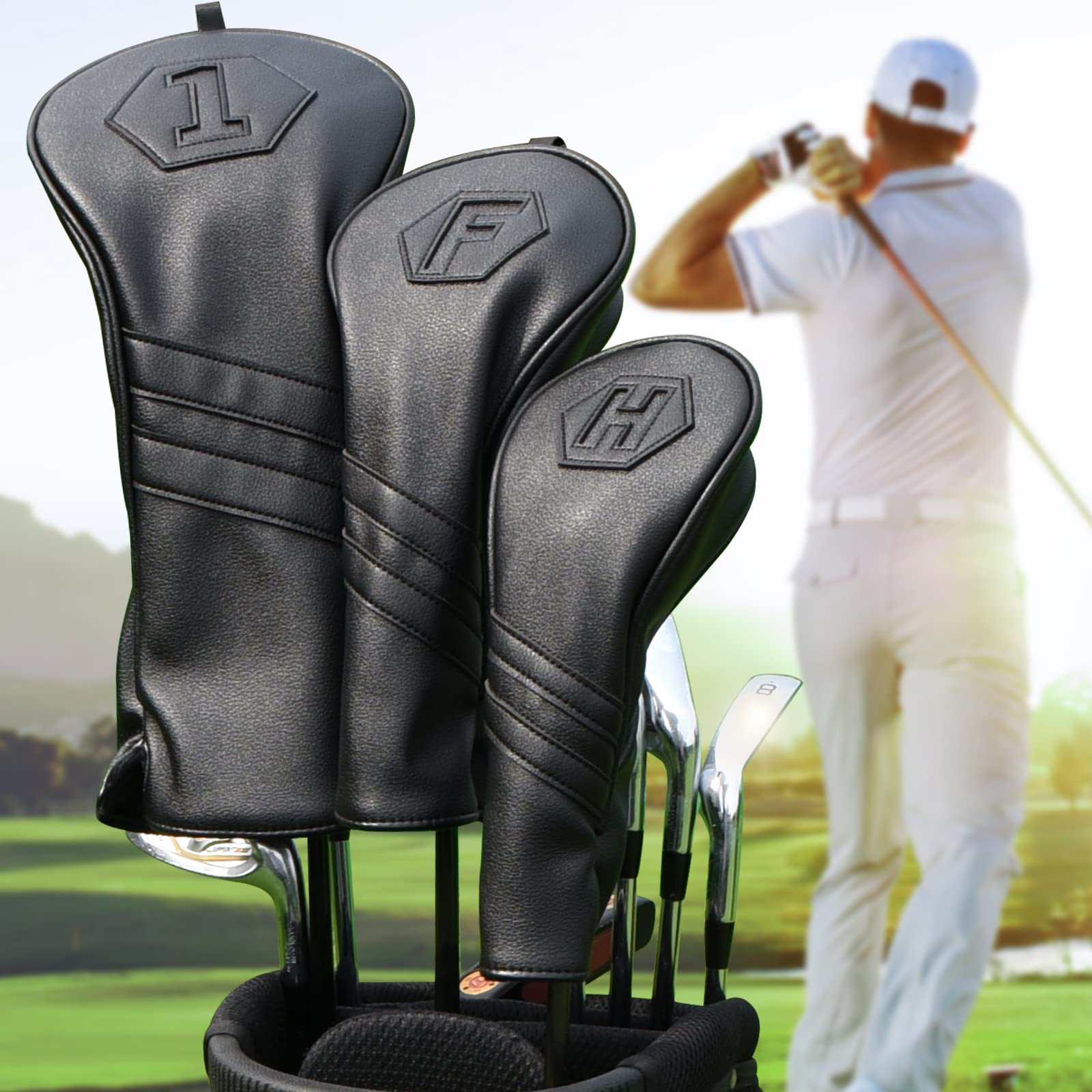 Golf Club Head Covers 3-Pack | Black PU Leather Wood Set