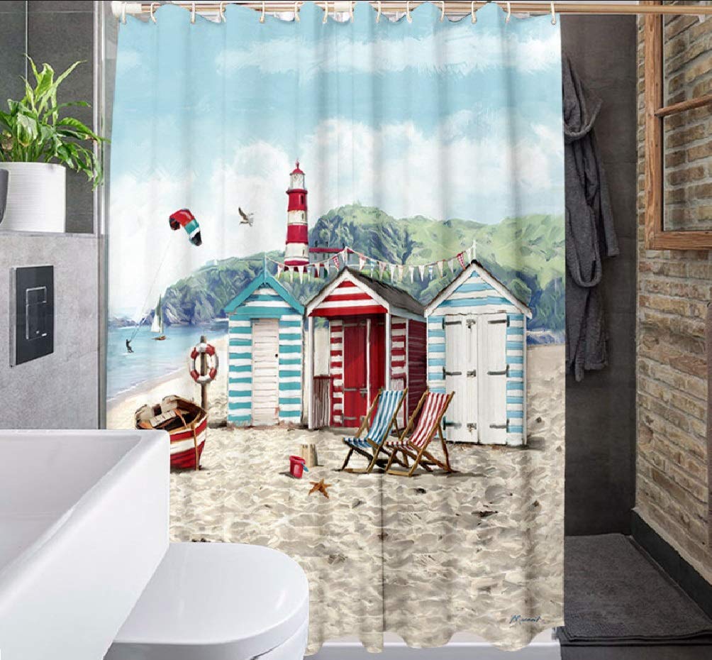 SCVBLJS Beach Hut Shower Curtain | Waterproof Polyester Fabric | 180x200cm