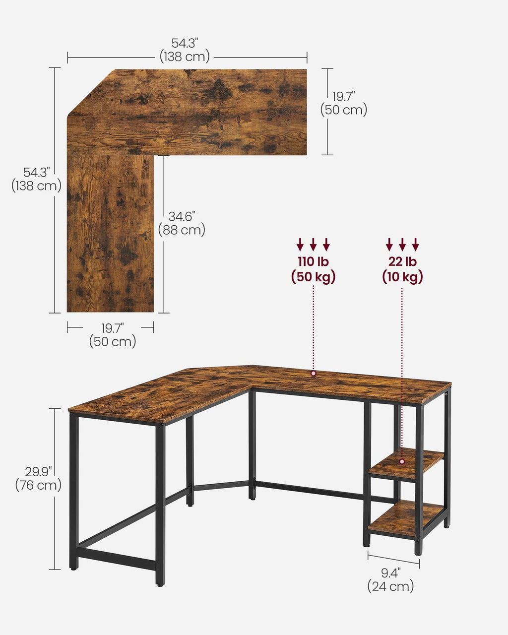 VASAGLE L-Shaped Computer Desk – Rustic Gaming Workstation with Shelves