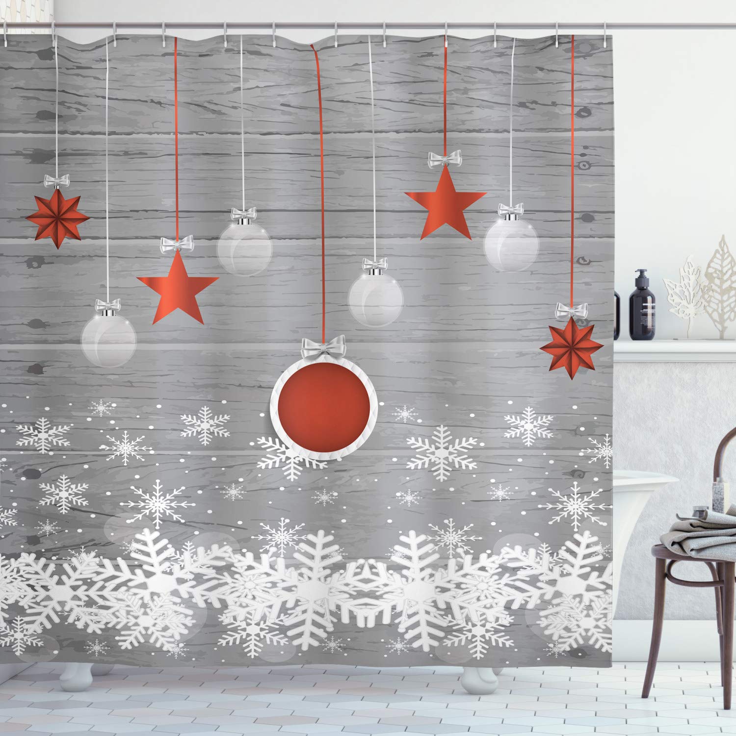 ABAKUHAUS Christmas Shower Curtain – Waterproof Fabric Decor with Hooks