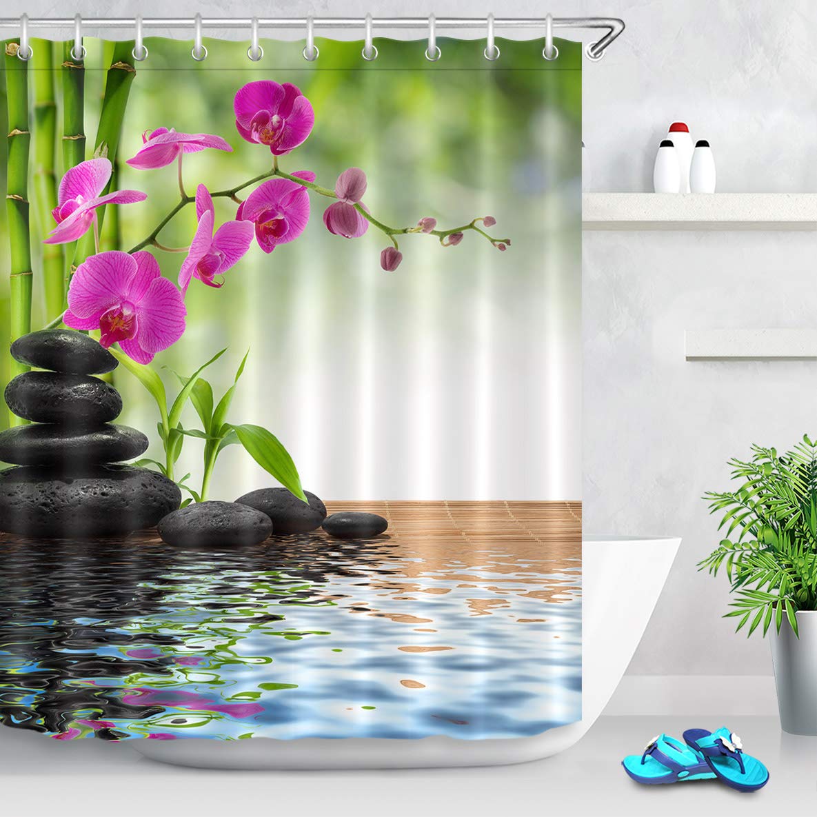 LB Zen Spa Shower Curtain – Purple Orchid & Bamboo Waterproof Fabric