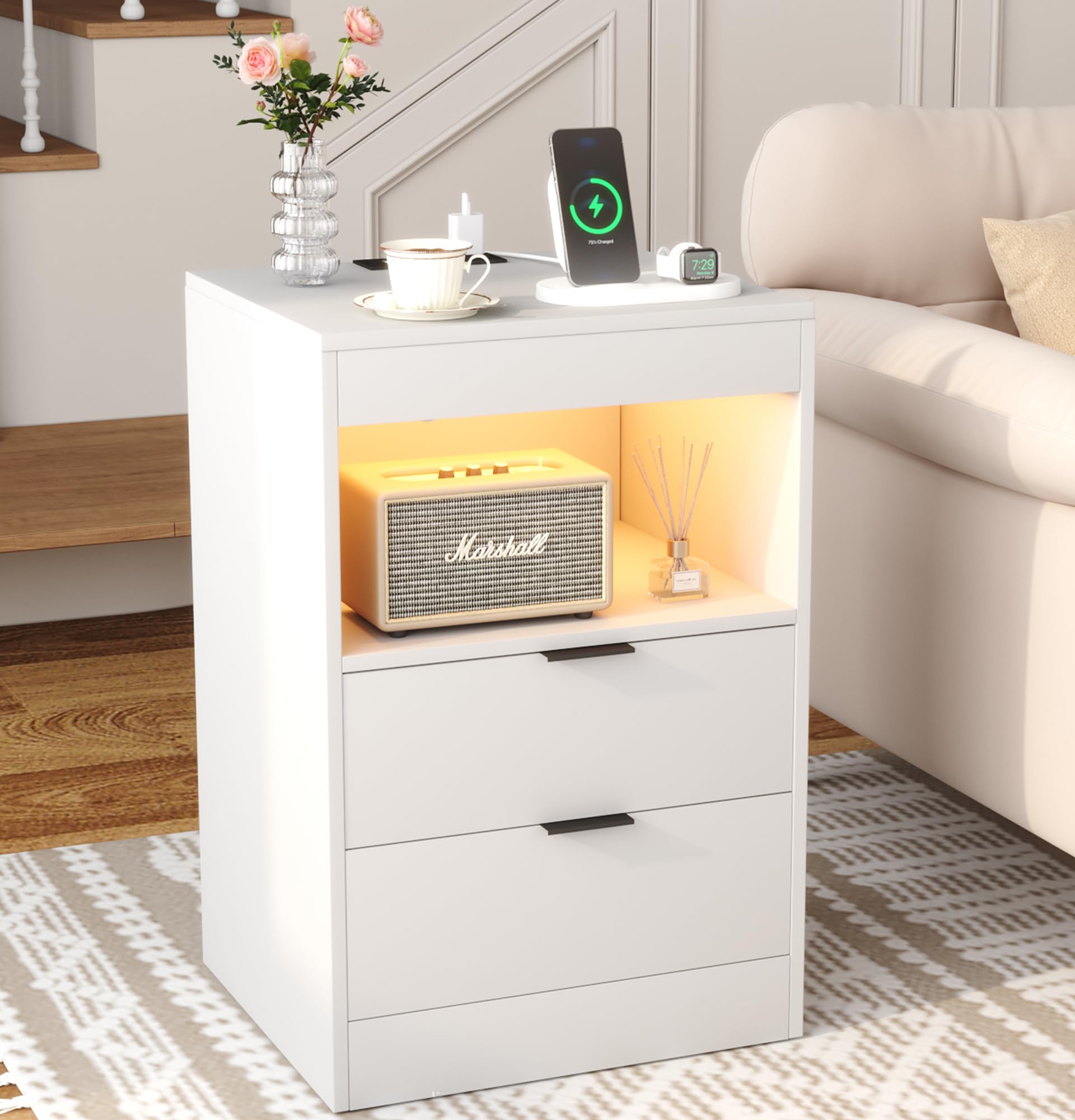 Yusong LED Nightstand with Charging Station | Modern 2-Drawer Side Table