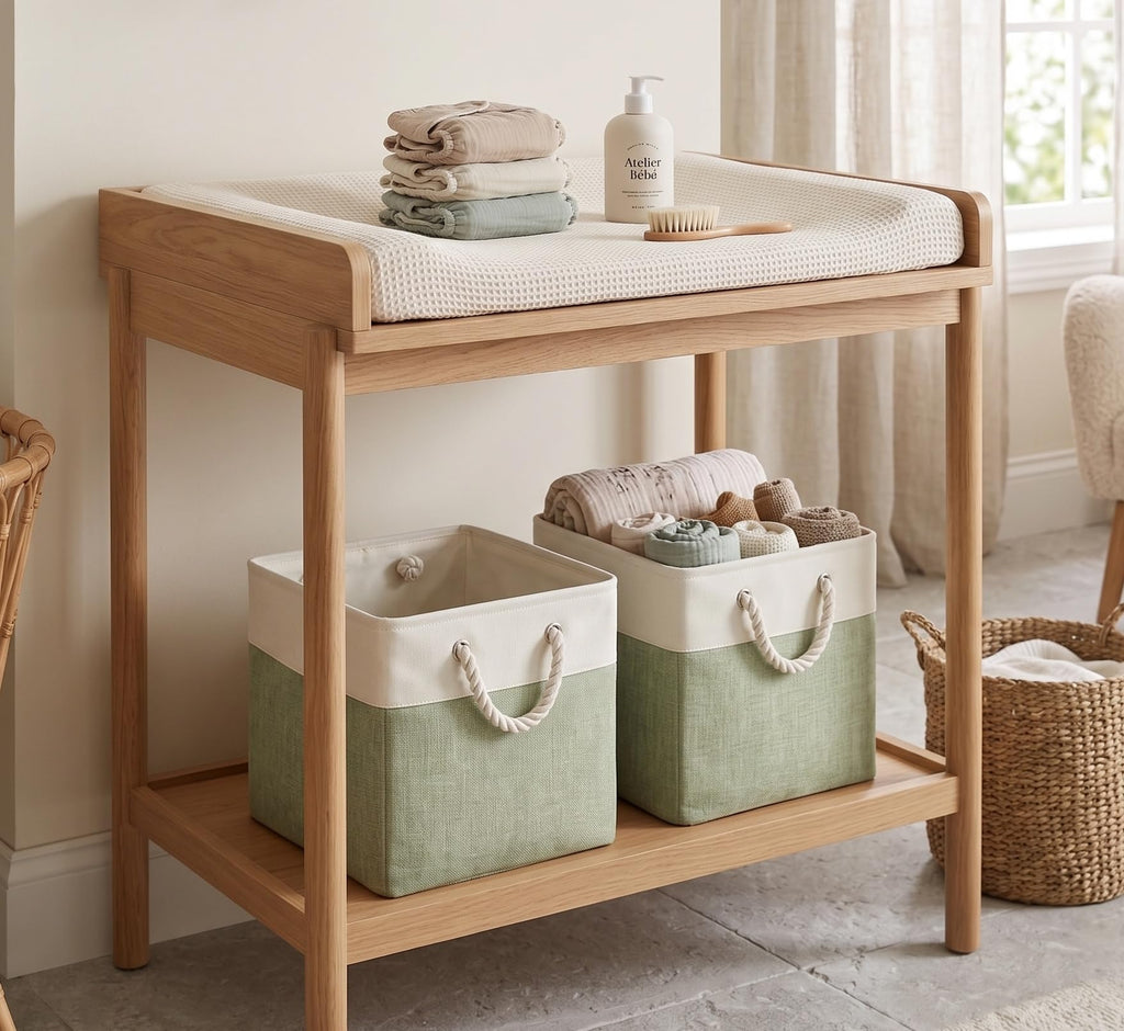 SOCOHOME Fabric Cube Storage Boxes,25x25x25cm Canvas Storage Baskets for Nursery Closet Toys ShelfGreen/White, Set of 3