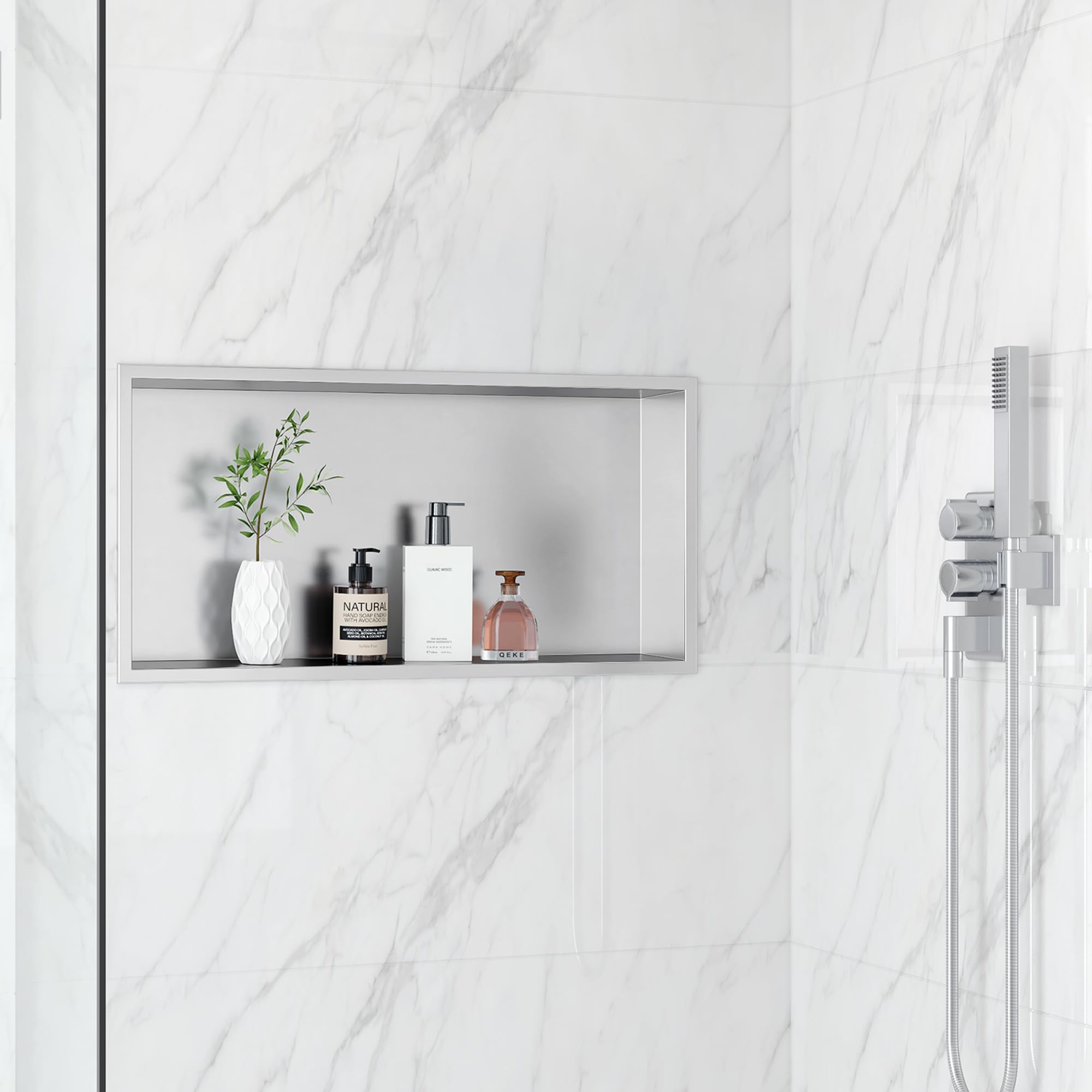 QEKE Stainless Steel Shower Niche – 60x30cm Brushed Nickel Recessed Shelf