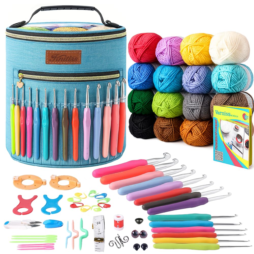 Knitiss Crochet Kit for Beginners: 14 Ergonomic Hooks & 16 Color Yarns