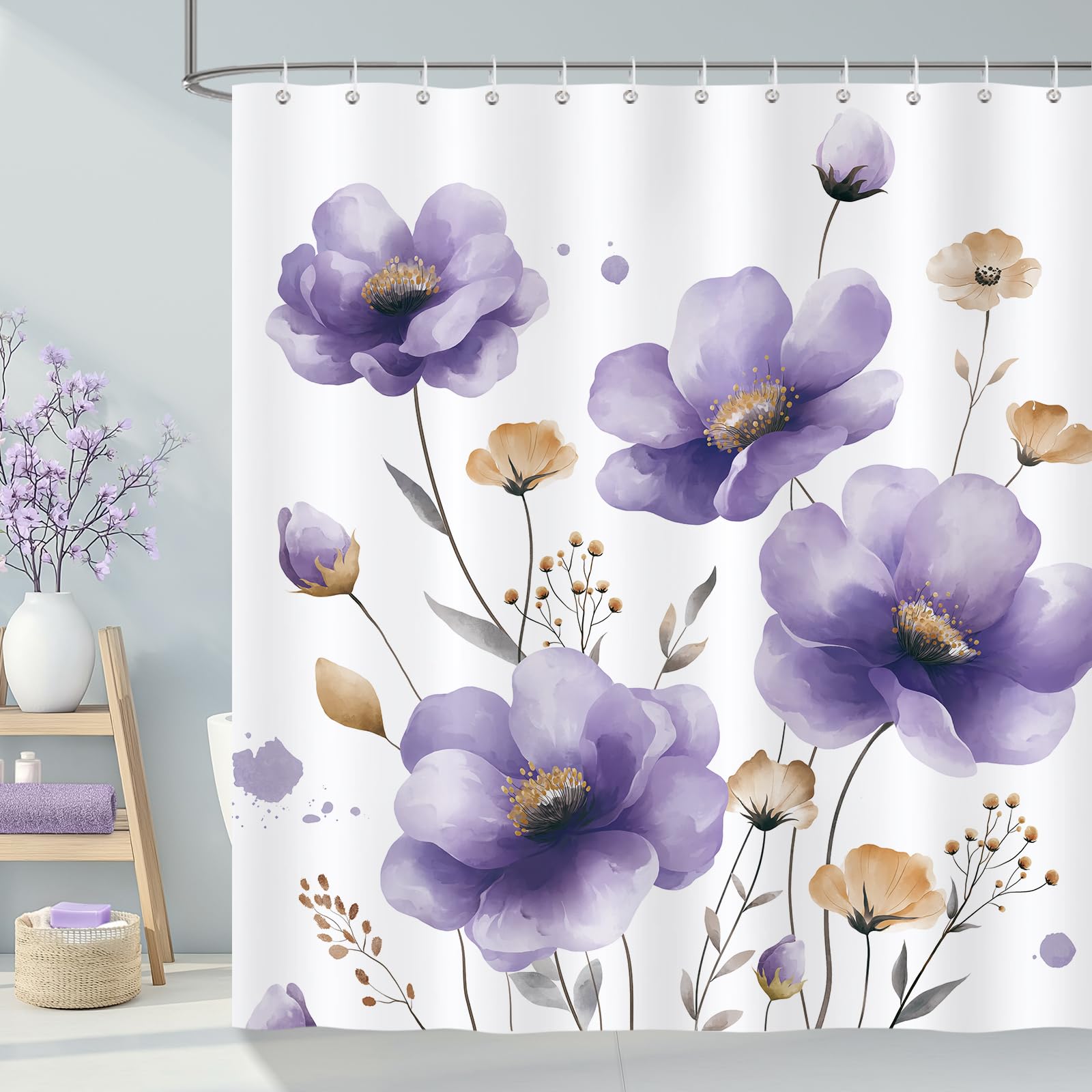COZZSNUGE Watercolor Floral Shower Curtain | Boho Farmhouse Polyester